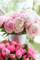 Lovely flowers in glass vase. Beautiful bouquet of pink peonies . Floral composition, scene, daylight. Wallpaper