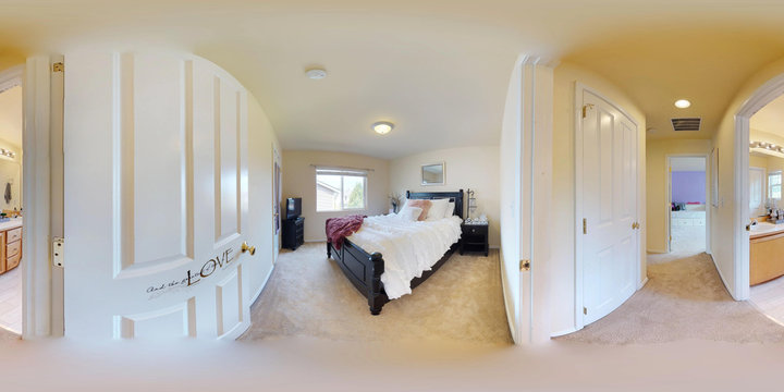 3d illustration spherical 360 degrees, a seamless panorama of bedroom with king size bed.
