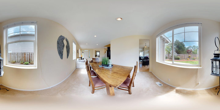 3d illustration spherical 360 degrees, a seamless panorama of dining area with wooden table.