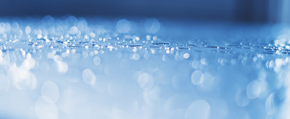 Blue glass with raindrops background texture horizontal top view isolated, rain on window backdrop,...