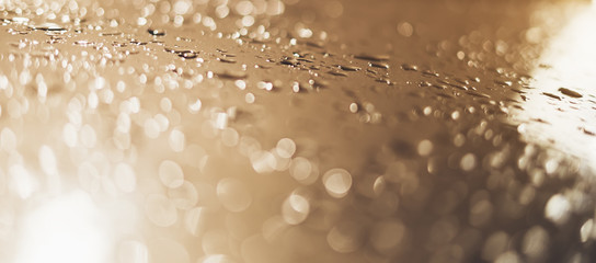 Blue glass with raindrops background texture horizontal top view isolated, rain on the window backdrop, abstract light bokeh and defocus drops, clear water on space blank back, mockup rainy
