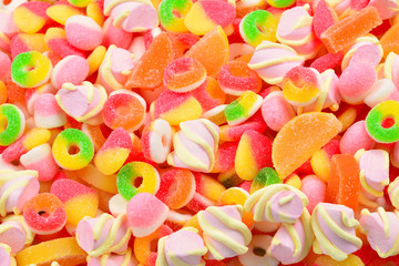 Assorted gummy candies. Top view.