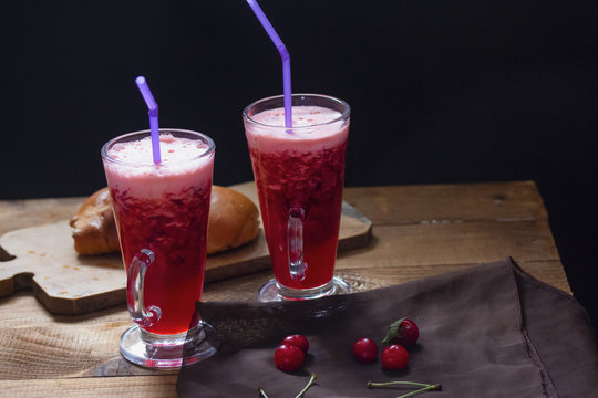 Thick Home Cherry Drink Mousse With Foam On A Dark Background