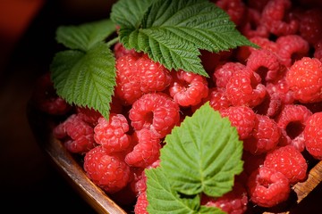 A handful of raspberries lie in a wooden bowl