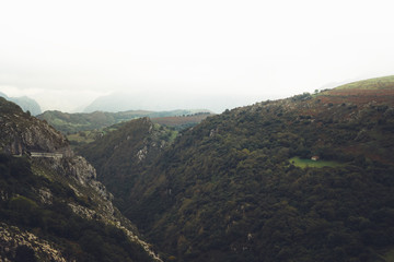 Obraz premium morning mist house in the mountain peaks on natural landscape. Green valley on background foggy dramatic sky, mountain tops. Panorama horizon perspective view of scenery hills. Travel mockup concept