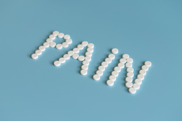 the inscription of pain is laid out with white pills on a blue background. Pain Control - Tablets.