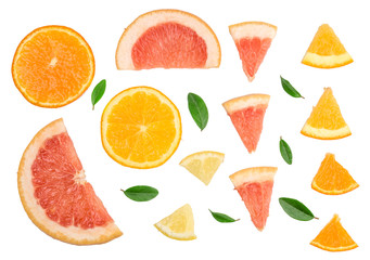 Sliced pieces of grapefruit, orange, lemon isolated on white, top view