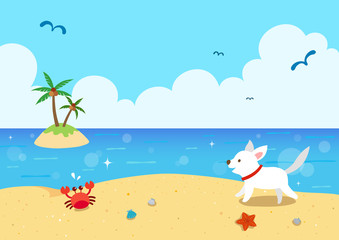 Fototapeta na wymiar Cute dog running on the beach. Summer holiday landscape