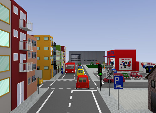 Stadtansicht mit Ampel-Kreuzung und Straßenschildern: 3d render