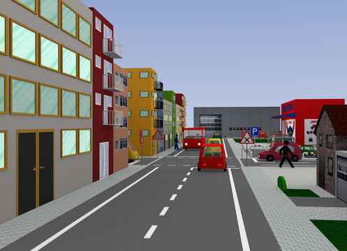 Stadtansicht mit belebter Kreuzung: Rechts vor Links. 3d render