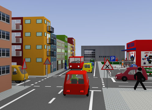 Stadtansicht mit Kreuzung: Rechts vor Links. 3d render