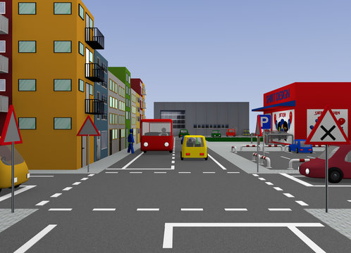 Kreuzung mit Straßenschildern: Rechts vor Links. 3d render