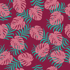 Fototapeta na wymiar .vector Hawaiian tropical summer seamless pattern with leaves of a palm tree green on a pink background for printing clothes and textiles