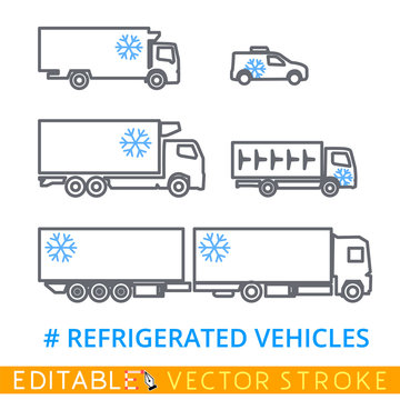 Set of refrigerators for a freezing and delivery of quickly spoiling products. Easily edited template isolated on a white background. Editable stroke sketch icon. Stock vector illustration.