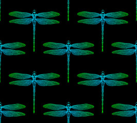 Vector seamless pattern from gradient luminous dragonfly on black background. Dragonfly background