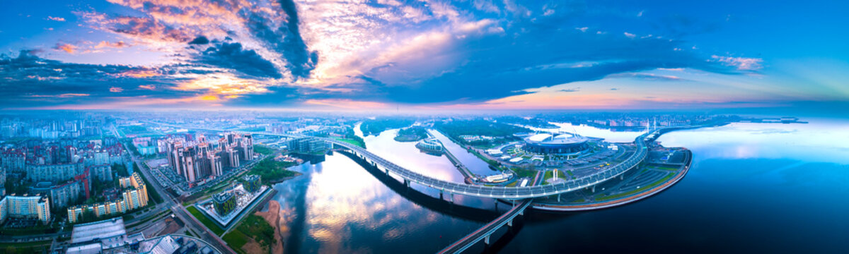 Panorama of St. Petersburg. Bridges of Petersburg. Russia. View of the city from a height. Architecture of Petersburg. Russian cities.