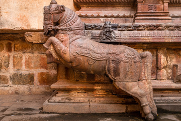 Ornamented horse made of stones at  Brihadeshwara Indian temple, Thanjavur, Tamil Nadu, India