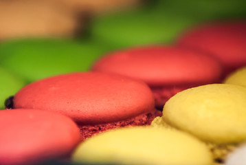 Colorful macaroons in a bakery