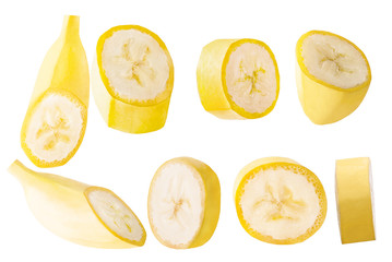 Collection slised banana fruits isolated on white background