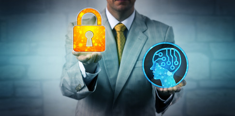 Consultant Raising Locked Padlock Above AI System