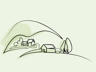 Continuous line drawing. Landscape with village on hill. Vector color illustration. Concept for logo, card, banner, poster, flyer