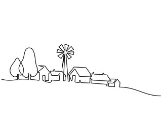 Continuous line drawing. Landscape with village on hill. Vector illustration. Concept for logo, card, banner, poster, flyer © Valenty