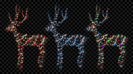 Set of Christmas deers made of defocused multicolored fairy lights with bokeh effects