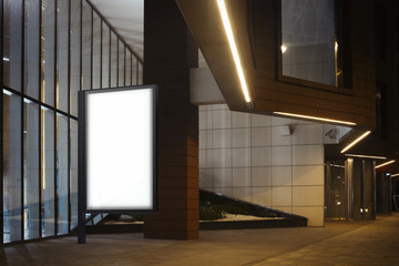 Blank illuminated banner on a street in the night city. 3d rendering