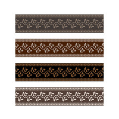 Strap pattern design tape with leaf ornament. Fancy strap brown belt border swatch vector.