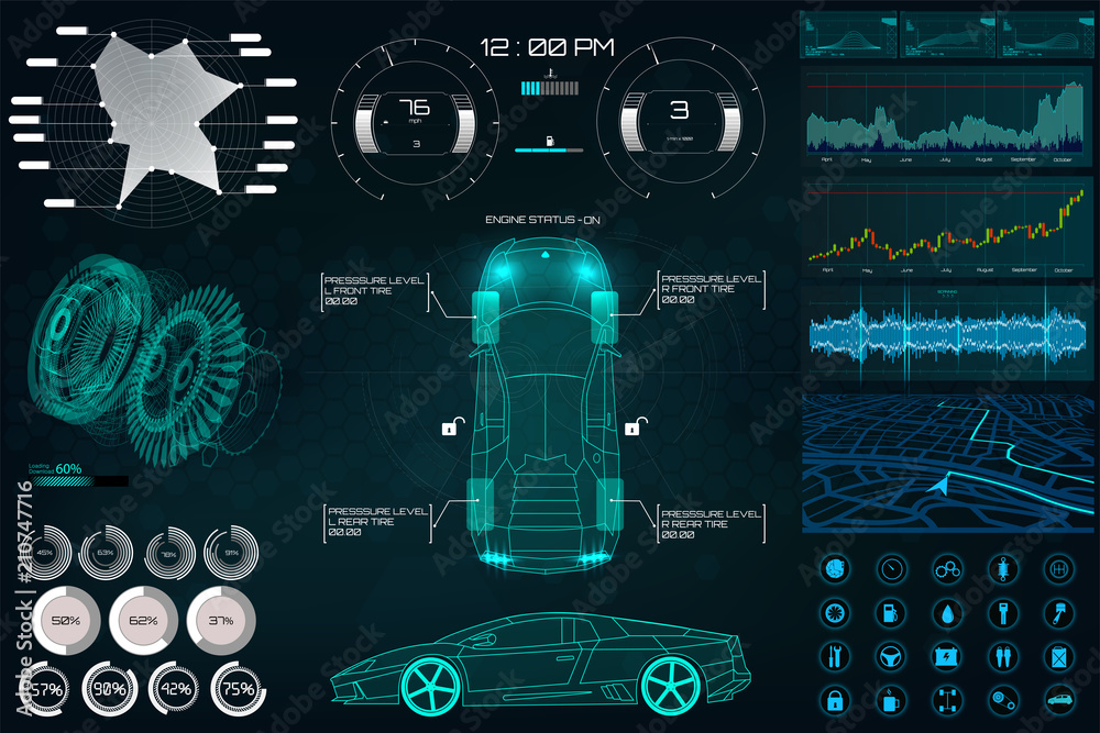 Poster car service in the style of hud, cars infographic ui, analysis and diagnostics in the hud style, fut