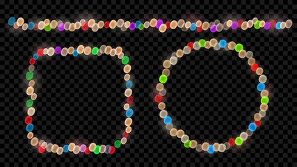 Set of defocused multicolored fairy lights with bokeh effects in shape of circle, square and line