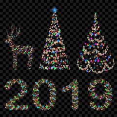 Set of Christmas trees, digits 2019 and deer made of defocused multicolored fairy lights with bokeh effects