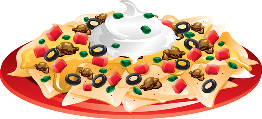 illustration of a plate of nachos with cheese and sour cream
