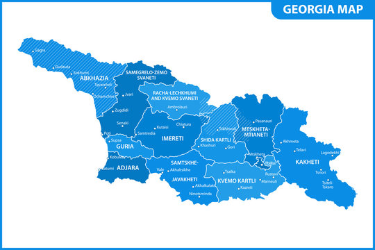 The detailed map of the Georgia with regions or states and cities, capital. Administrative division. South Ossetia and Abkhazia are marked as a disputed territory