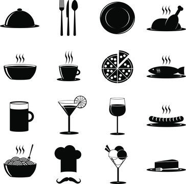 Set of pictograms - restaurant/ food/ dishes/ drinks - 16 illustrations.