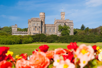 Lews Castle in Stornoway, United Kingdom with blurred roses in foreground. Castle with green grounds on blue sky. Historic architecture and design. Landmark and attraction. Summer vacation on isle © be free