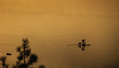 Man and dog paddling across Lake Tahoe at sunset - obrazy, fototapety, plakaty