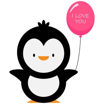 penguin with a air balloon and text  i love you!