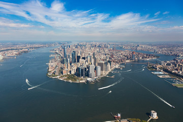 Aerial view of  Manhattan, Battery Park, freedom tower, Downtown.The picture was taken from a door...
