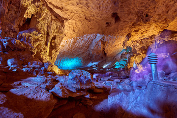 Colorful Stalactite Thien Cung cave, World Heritage site in Halong Bay,Hang Sung Sot Grotto (Cave of Surprises), Vietnam © DannyIacob
