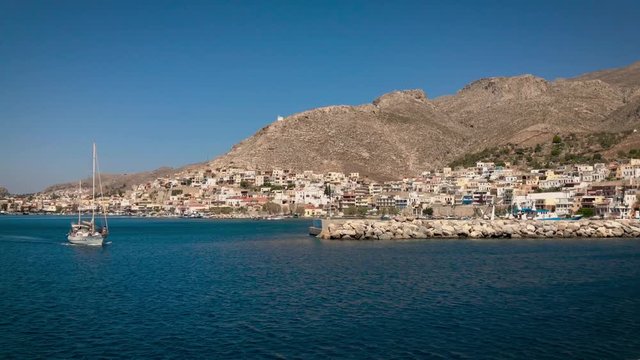Kalymnos Island - Greece - August 2017 - View of Kalymnos Island town by speedboat