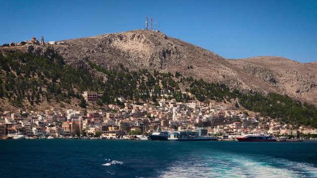 Kalymnos Island - Greece - August 2017 - View of Kalymnos Island town by speedboat