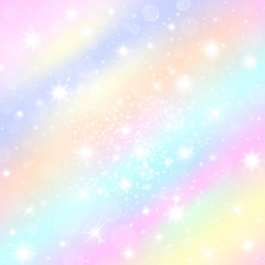 Vanilla sky sundogs morning pastel rainbow tints background with shining stars. Sparkling stardust glitter for princess celebrations posters and banners. Dreamy holographic mood banner.
