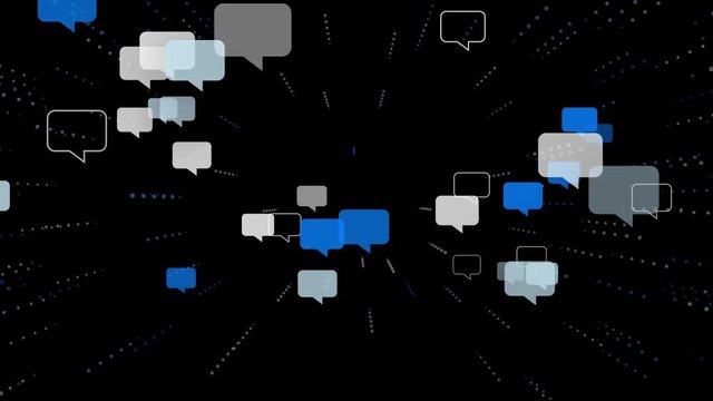Lot of speech bubbles fly to camera. On pure black. Social networks concept, communication in web, chatting. 3d render. With alpha channel.