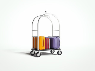 Travel suitcases on luggage trolley isolated on white background. 3d rendering