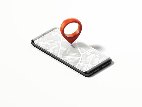 Black phone with opened map on screen and red geotag or map pin, 3d rendering
