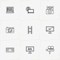 Photo And Video line icon set with camera film , video cassette  and photo camera