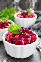 Beet salad. Vegetable salad with boiled beet. Beetroot salad