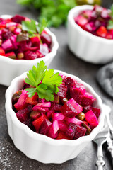 Beet salad. Vegetable salad with boiled beet. Beetroot salad