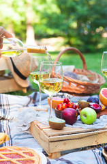 Picnic background with white wine and summer fruits on green grass, summertime party - 210752754